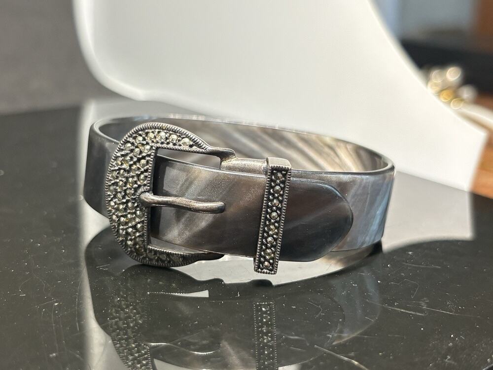 Vtg Judith Jack Grey Tortoise Lucite Buckle Bracelet Silver Marcasite Signed